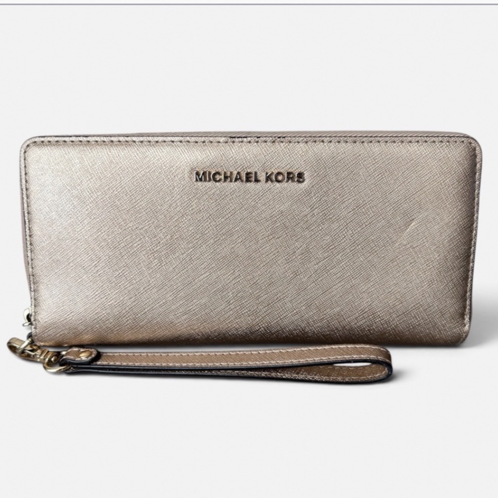 Michael Kors Jet Set Travel Metallic Gold Saffiano Leather Wristlet Wallet
